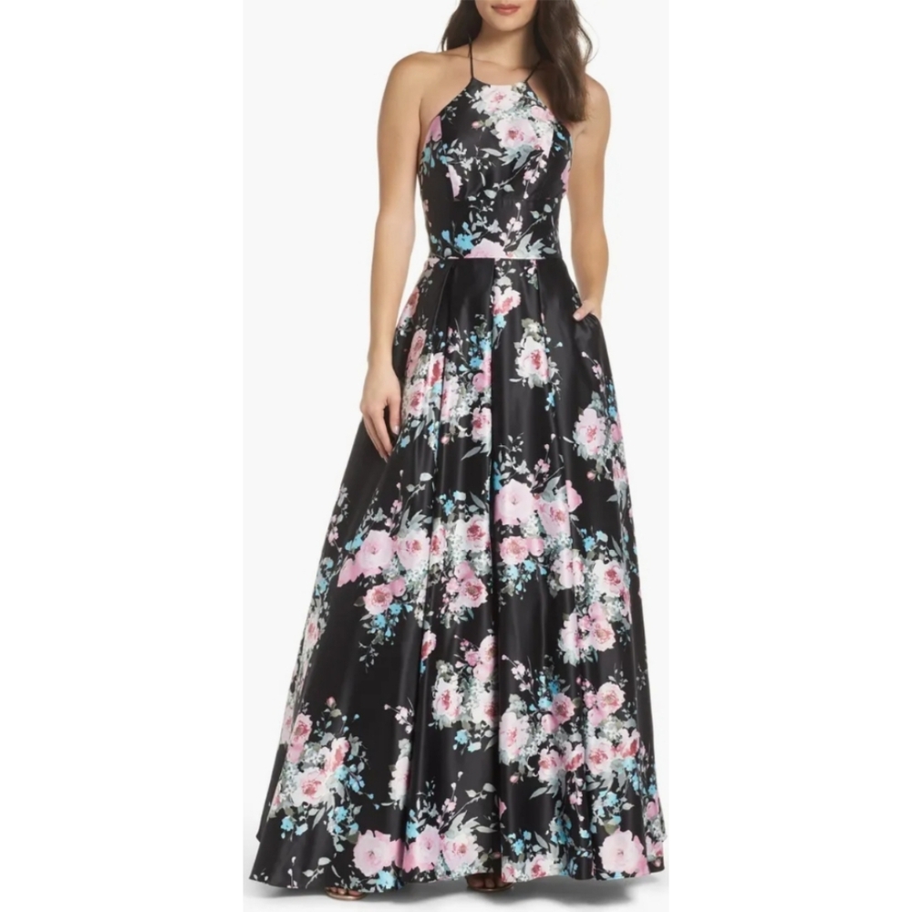 Blondie Nites Black A-Line Floral Halter-Neck Prom Ball Gown Dress Junior's 11